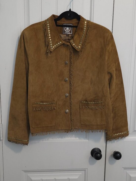 Double D Ranch Jackets & Blazers - Double D Ranch Tan Brown Fringe & Studded Suede Leather Jacket - Woman's Size L